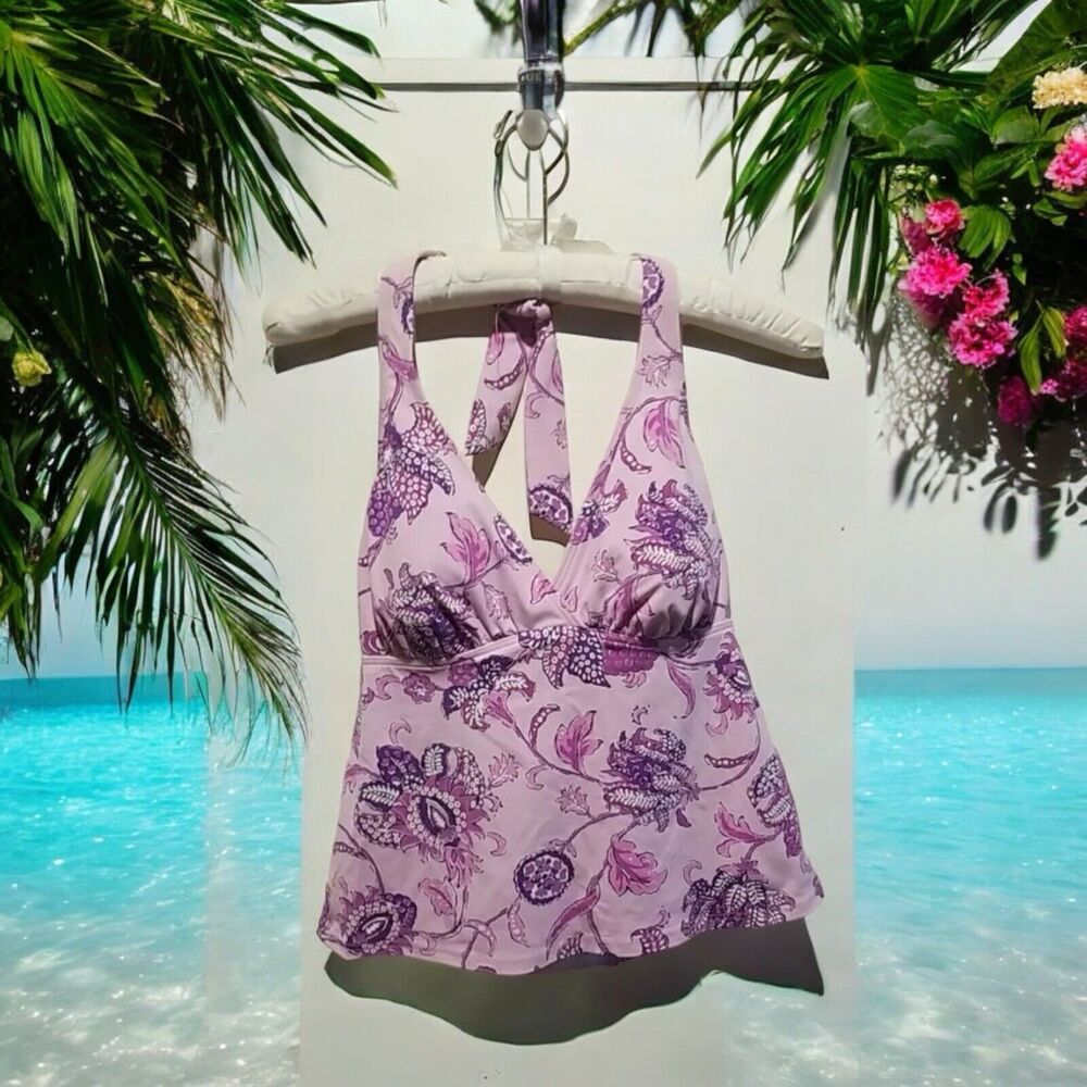 Lands' End Tankini Halter Tie Swim Top Floral Pink Purple Size 10 Built In Pads